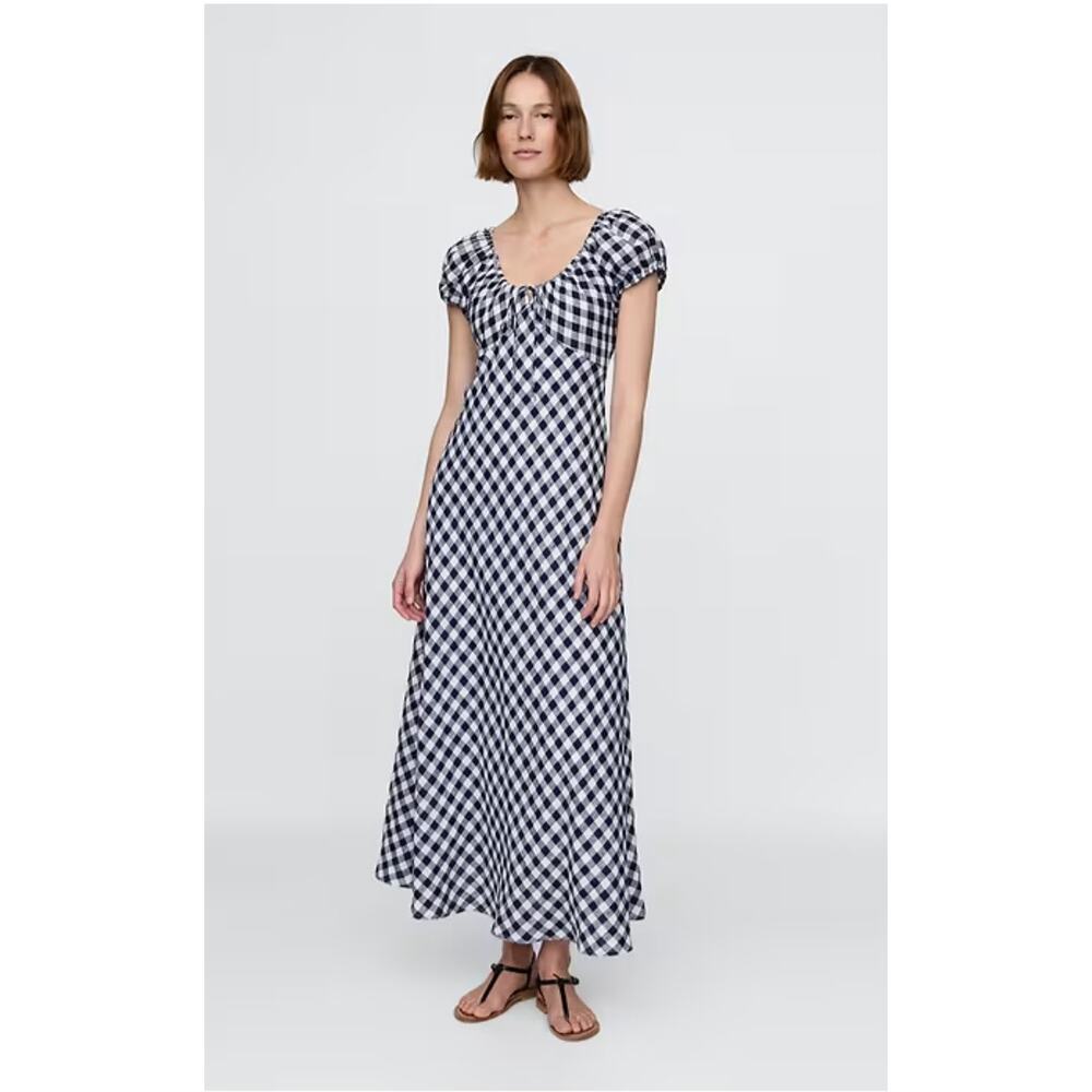 NWT Gap × DÔEN 100% Linen Blue Gingham Midi Dress - XXS